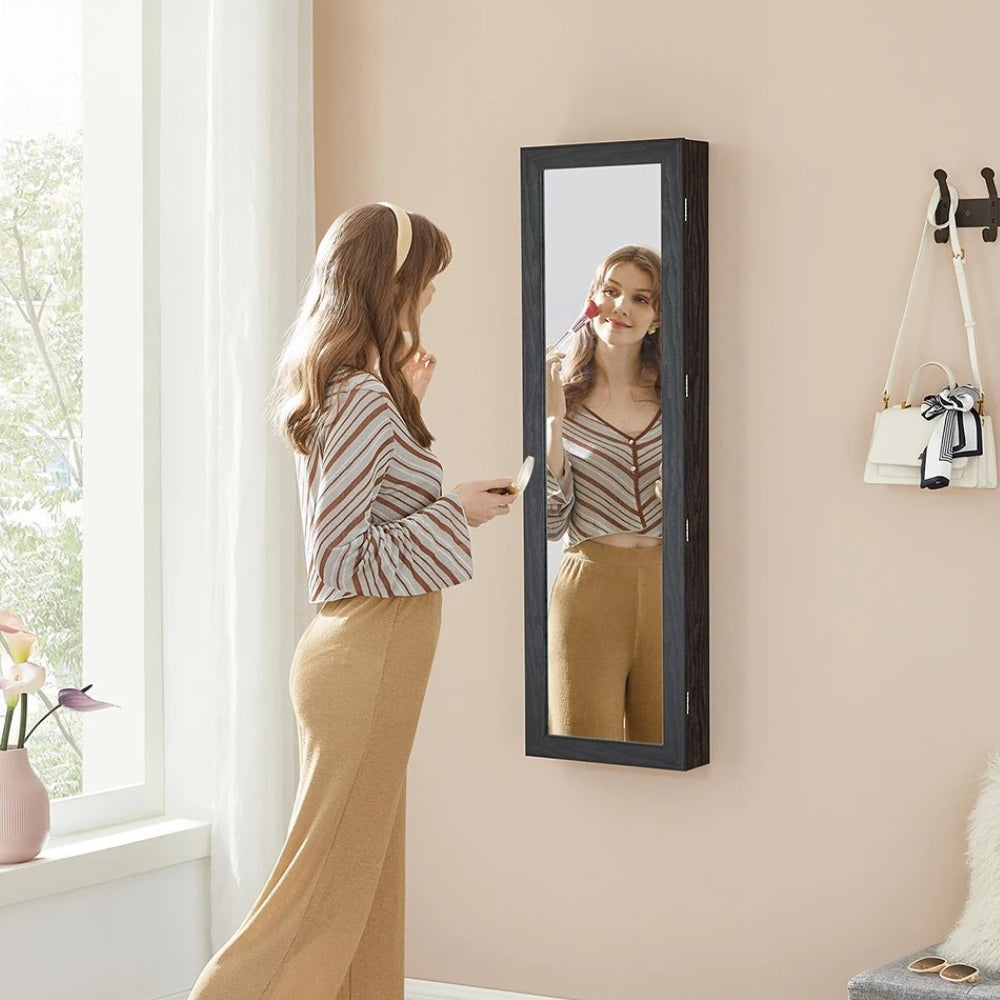 Boîte à Bijoux Murale Bois Noir Miroir LED