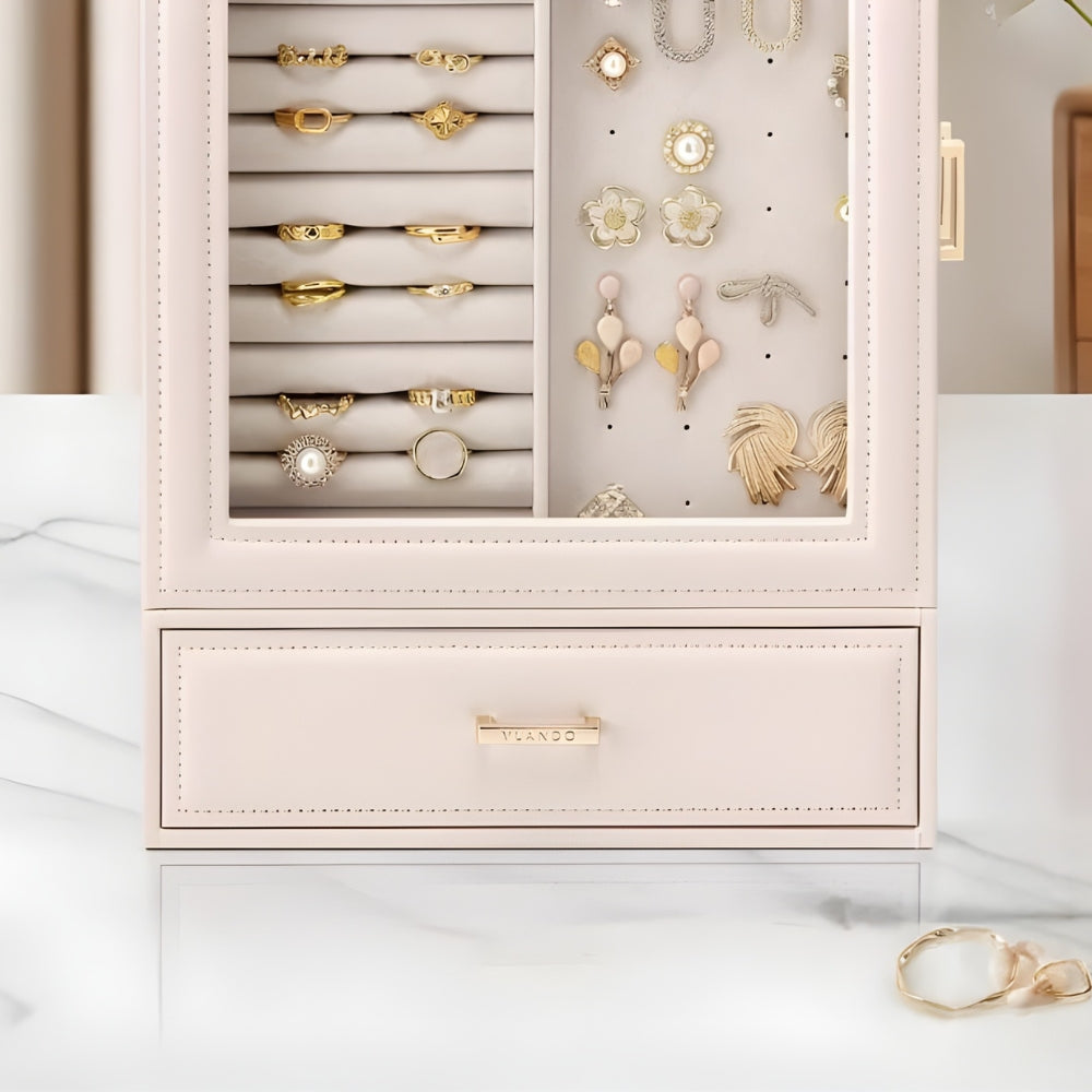 Boîte Bijoux Cuir Rose Verre Trempé