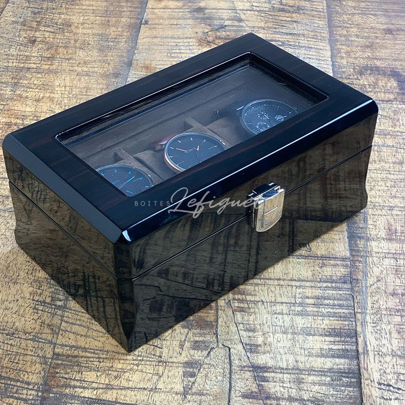 Boîte Montre Bois Vintage 3 Slots Vitrée