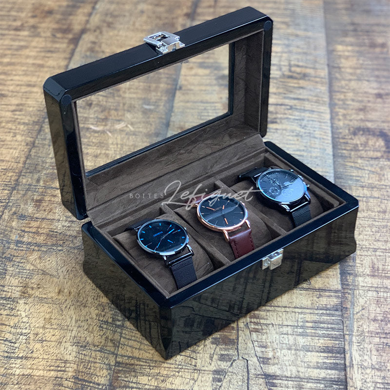 Boîte Montre Bois Vintage 3 Slots Vitrée