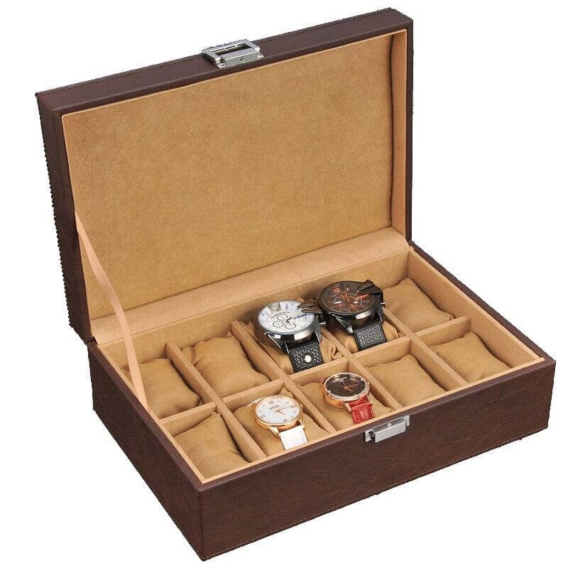 Boîte Montre Simili Cuir Marron 10 Slots Beige