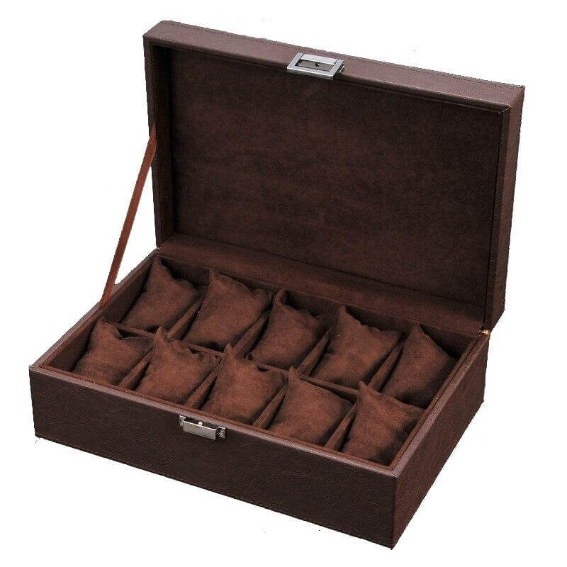 Boîte Montre Simili Cuir Marron 10 Slots Beige