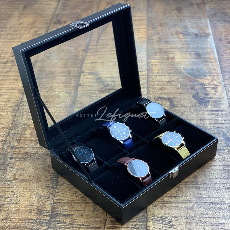Boîte à montres 10 places – couvercle ouvert avec six montres