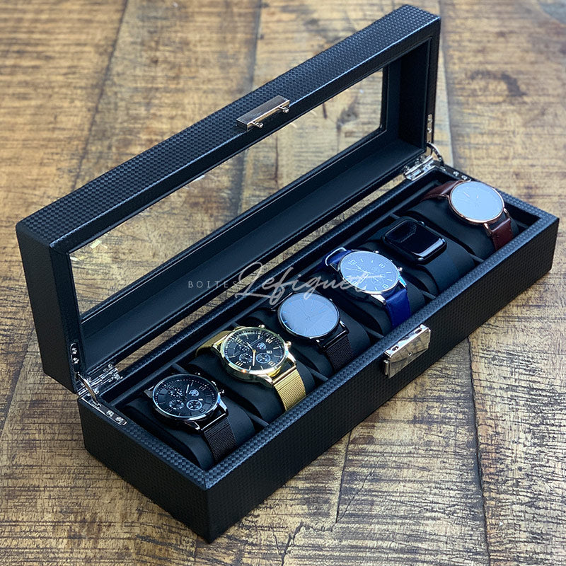 Boîte Montre Bois Carbone Velours 6 Slots