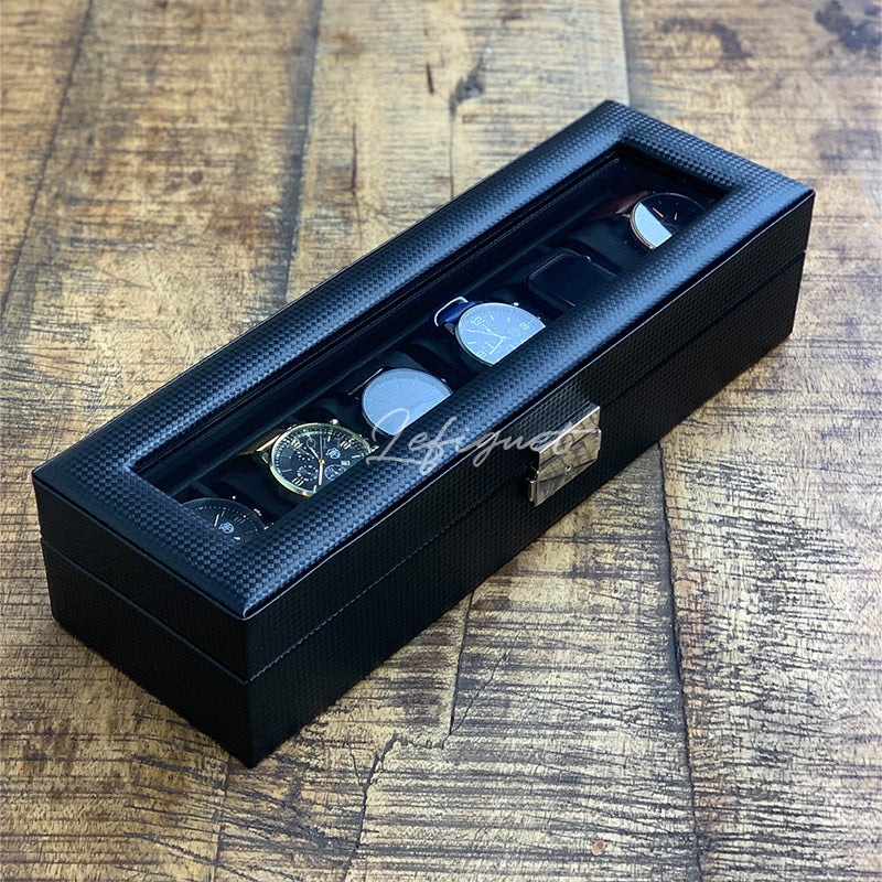 Boîte Montre Bois Carbone Velours 6 Slots