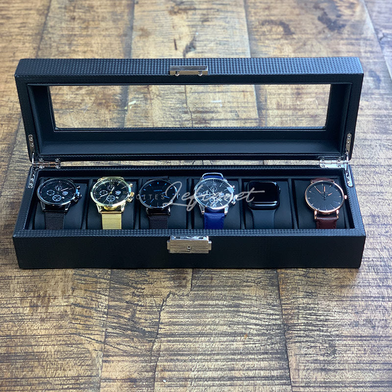 Boîte Montre Bois Carbone Velours 6 Slots