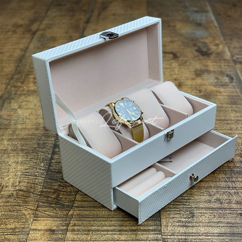 Coffret Montre Cuir 4 Slots Tiroir Rangement