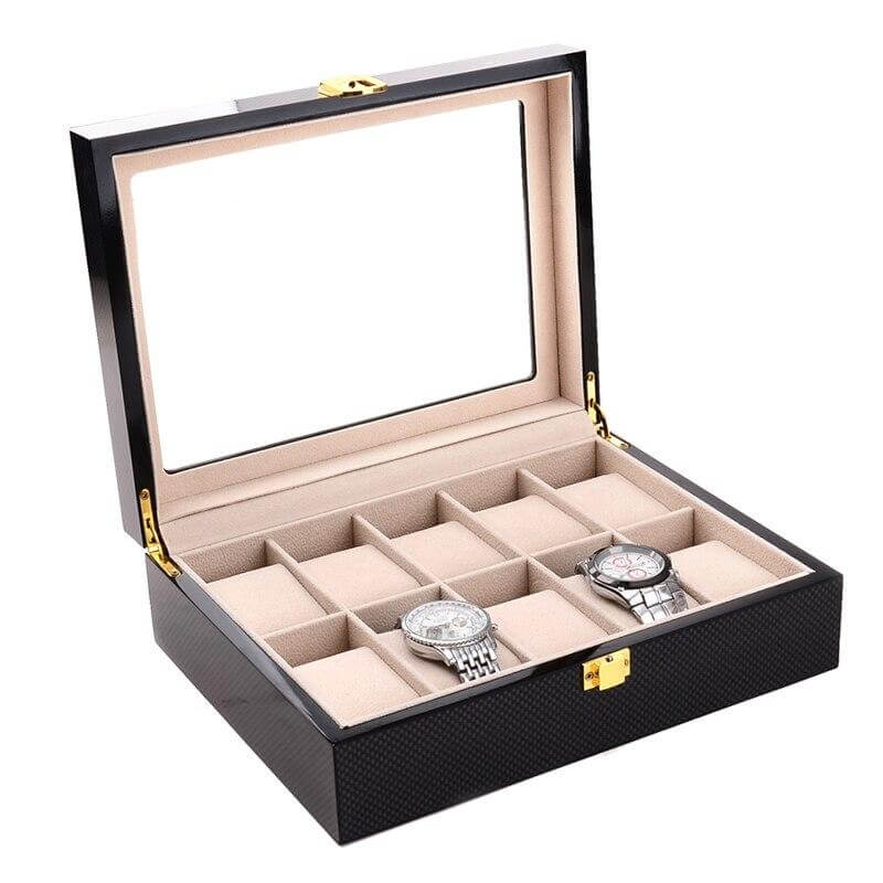 Boîte Montre Fibre Carbone Noir 10 Slots Glissière