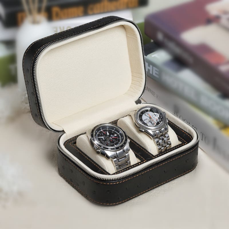 Étui montre voyage 2 places simili cuir autruche – deux montres métalliques rangées