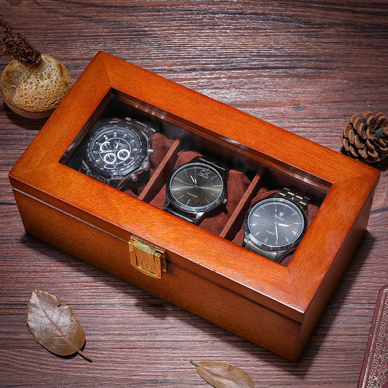 Boîte Montre Bois 3 Places Velours Vitrée