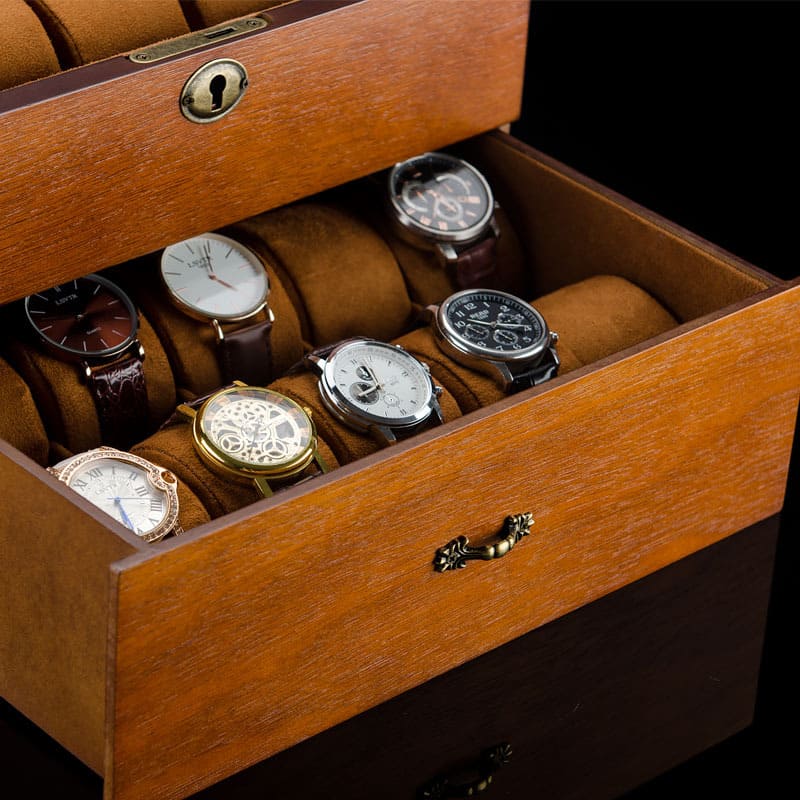 Boîte Montre Bois Vintage 20 Slots Tiroir