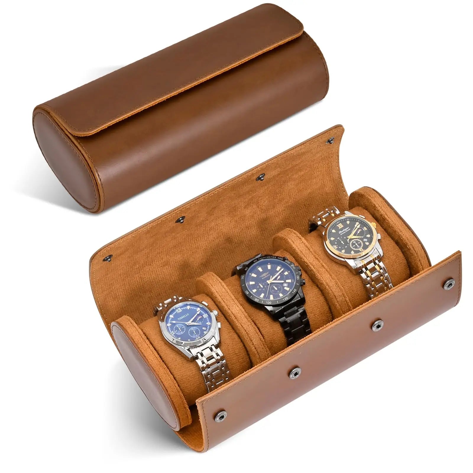 Étui Montre Cuir Roulé Voyage Vintage Marron