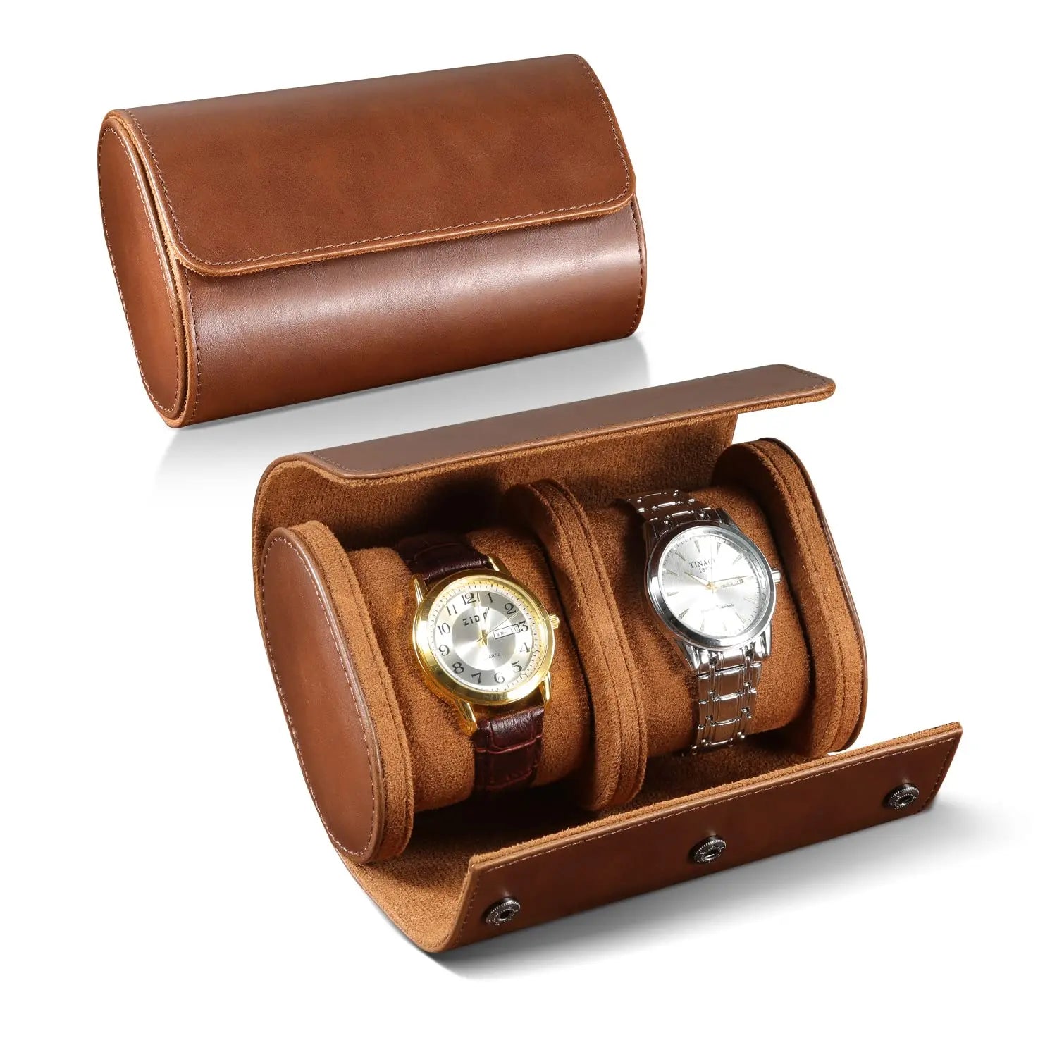 Étui Montre Cuir Roulé Voyage Vintage Marron