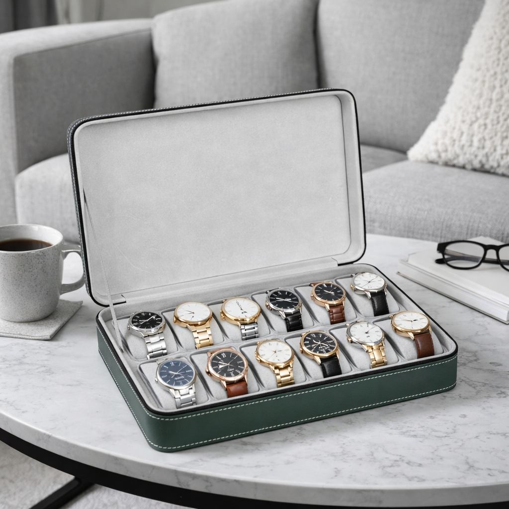 Étui Montre Cuir Coffret Zippé Vert 6 10 12