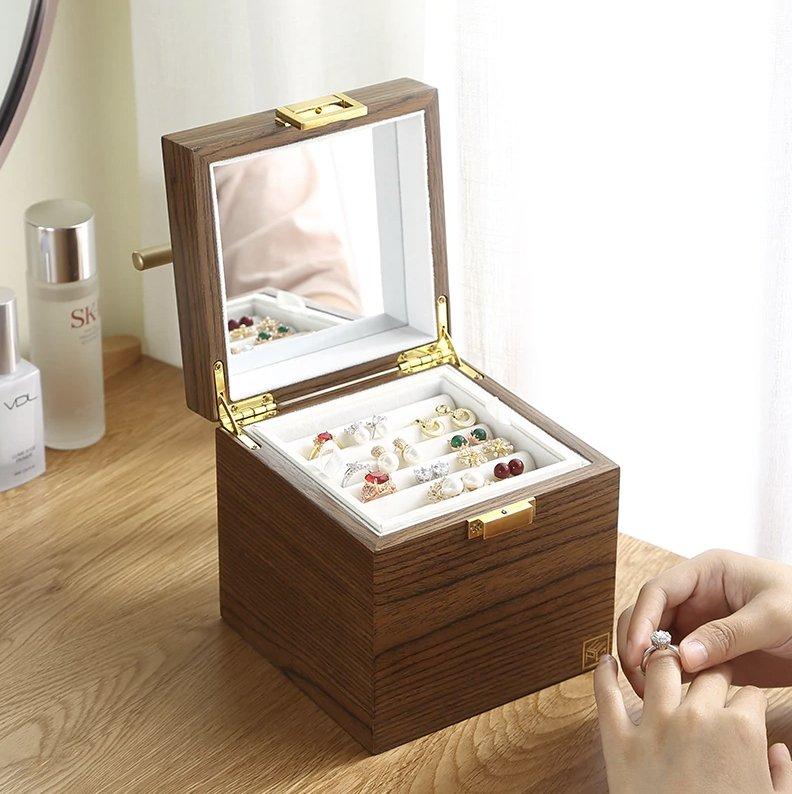 Boite Bijoux Bois Laiton Cube Miroir 3 Niveaux