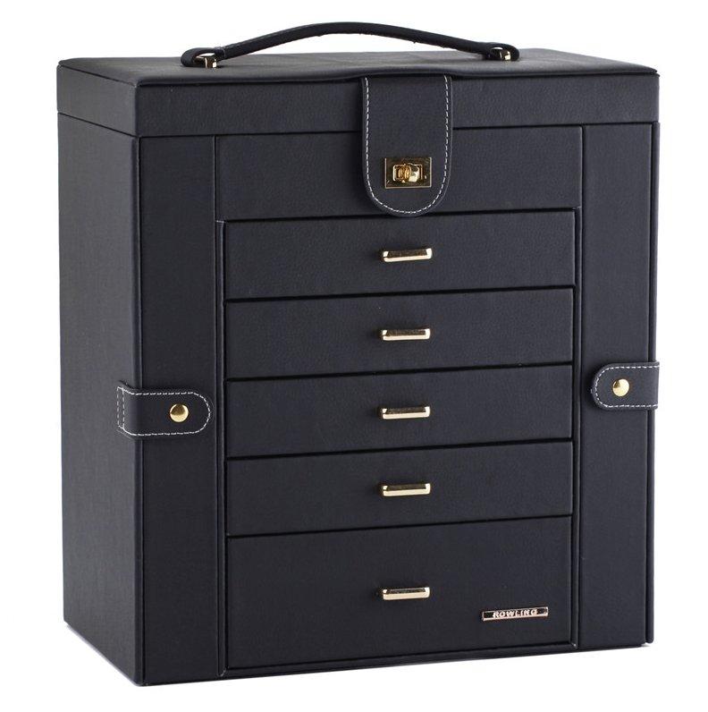 Boite Bijoux Cuir Noir Grand Format 5 Tiroirs