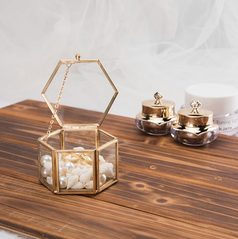 Boite Bijoux Verre Laiton Dore Geometrique