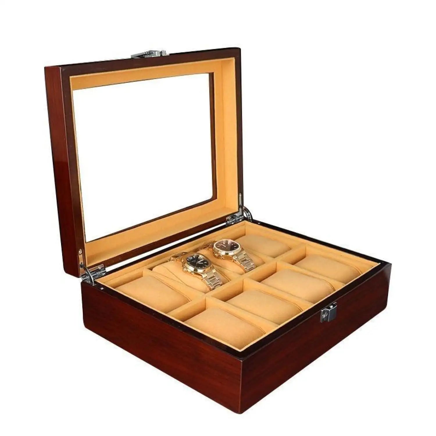 Boîte Montre Bois Vernis 8 Places Velours Beige