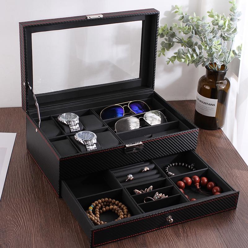 Coffret Montre Carbone Noir 6 Slots Tiroir Lunettes
