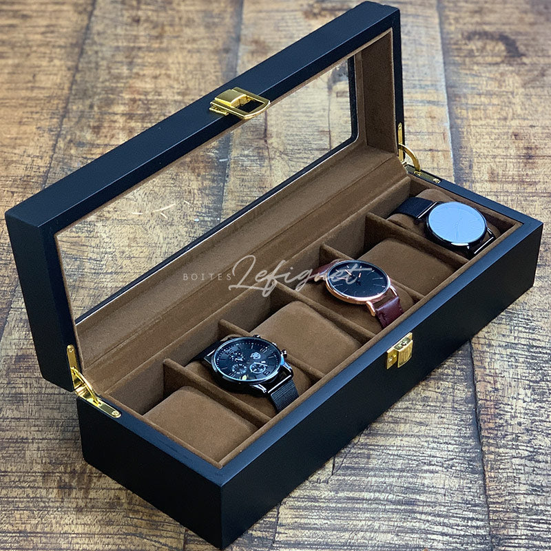 Coffret Montre Bois Noir 6 Slots Daim