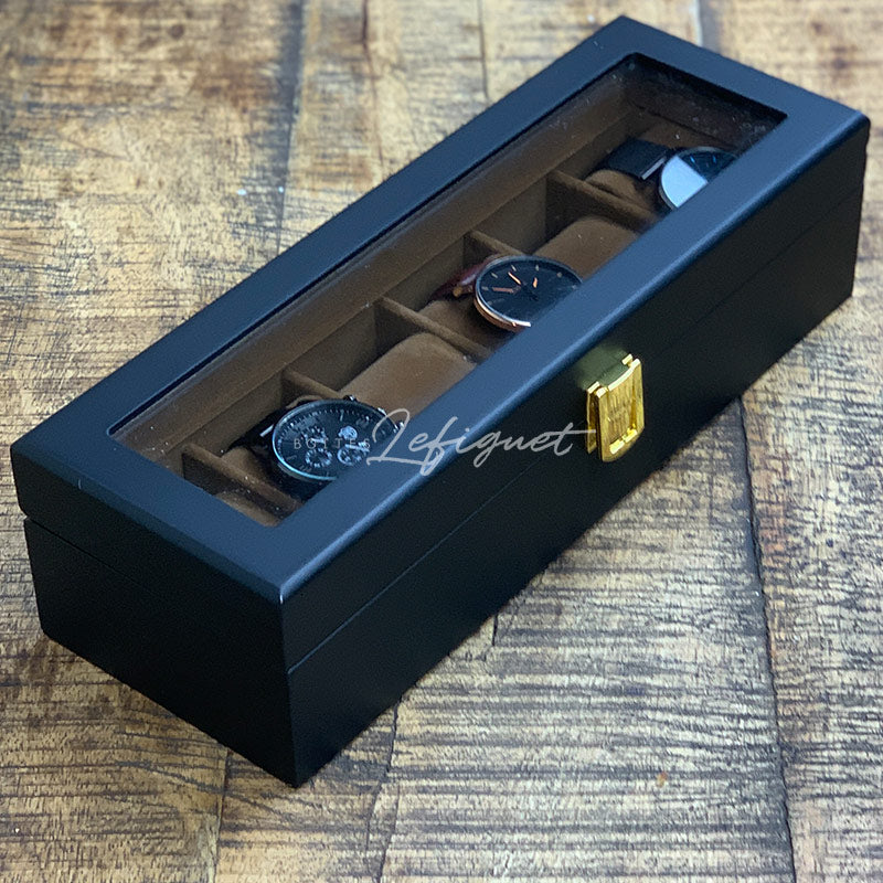 Coffret Montre Bois Noir 6 Slots Daim