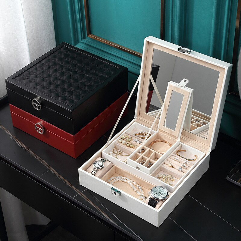 Boîte Bijoux Cuir Miroir 2 Niveaux Voyage