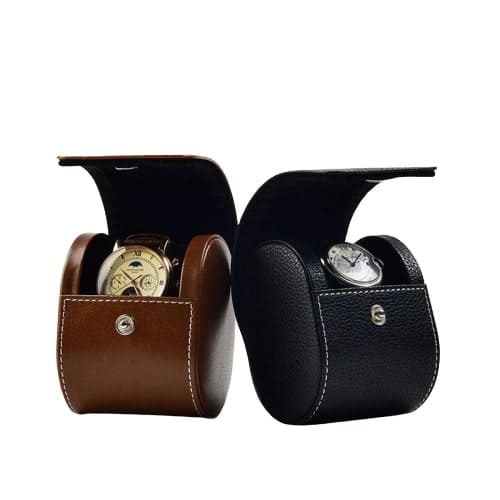 Étui Montre Voyage Simili Cuir Marron 1 Place – étuis ronds marron et noir, l'un ouvert avec une montre à cadran doré