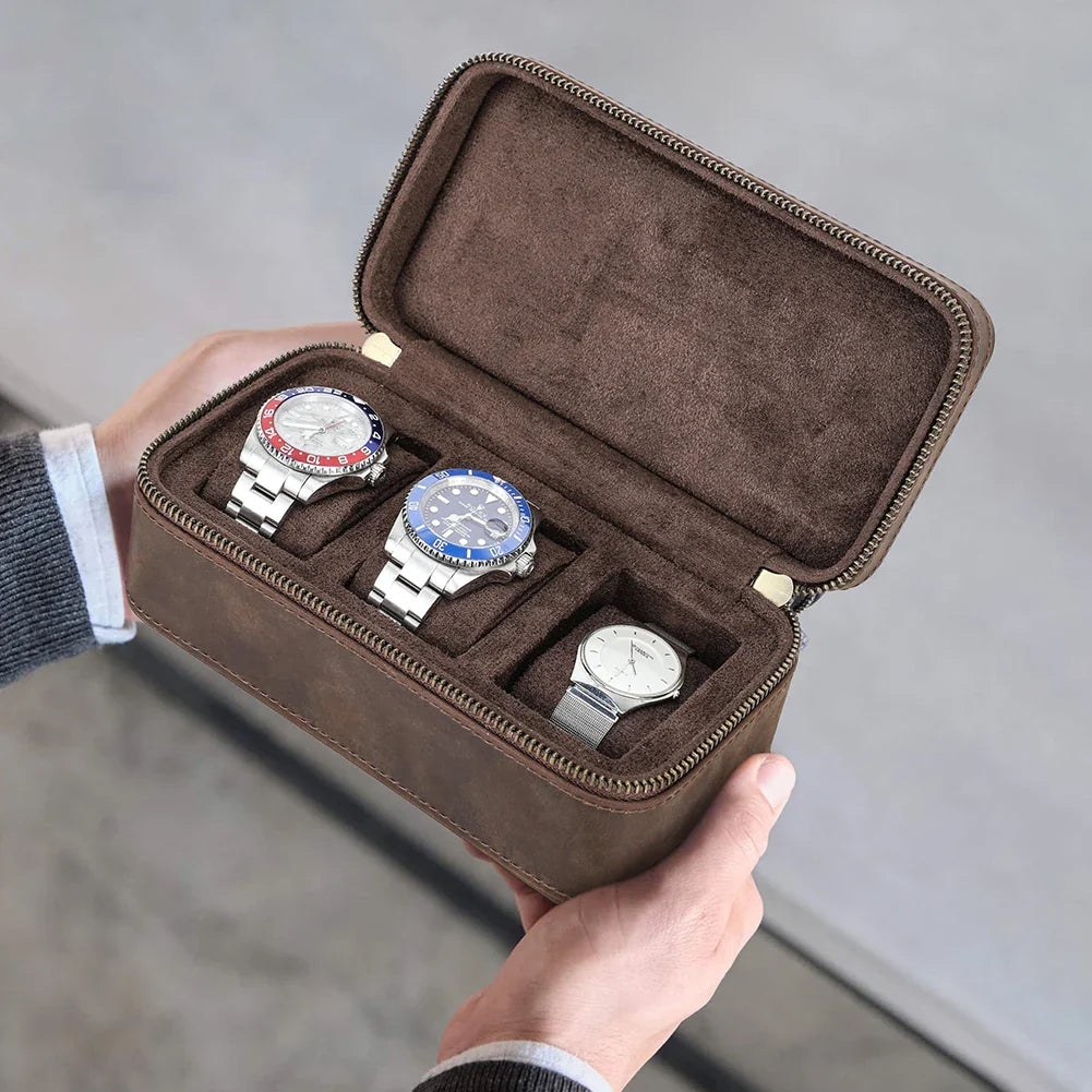 Étui Montre Cuir Voyage 3 Emplacements Vintage