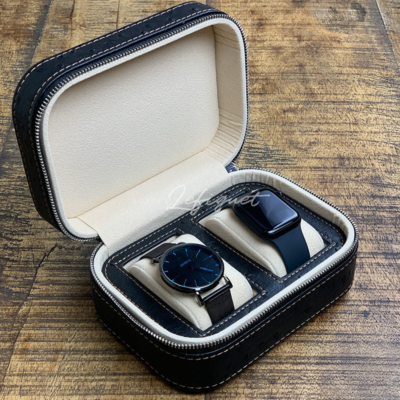 Étui montre voyage 2 places simili cuir autruche – deux montres dans l'étui ouvert