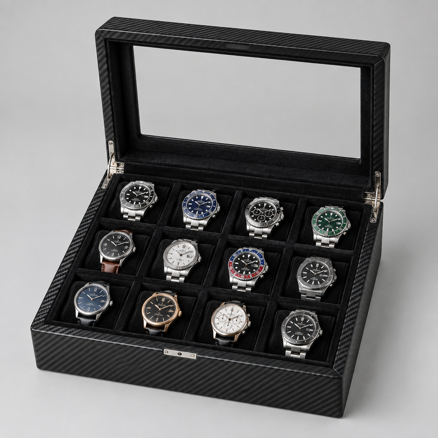Boîte à Montres 12 Places Effet Carbone Couvercle Vitré