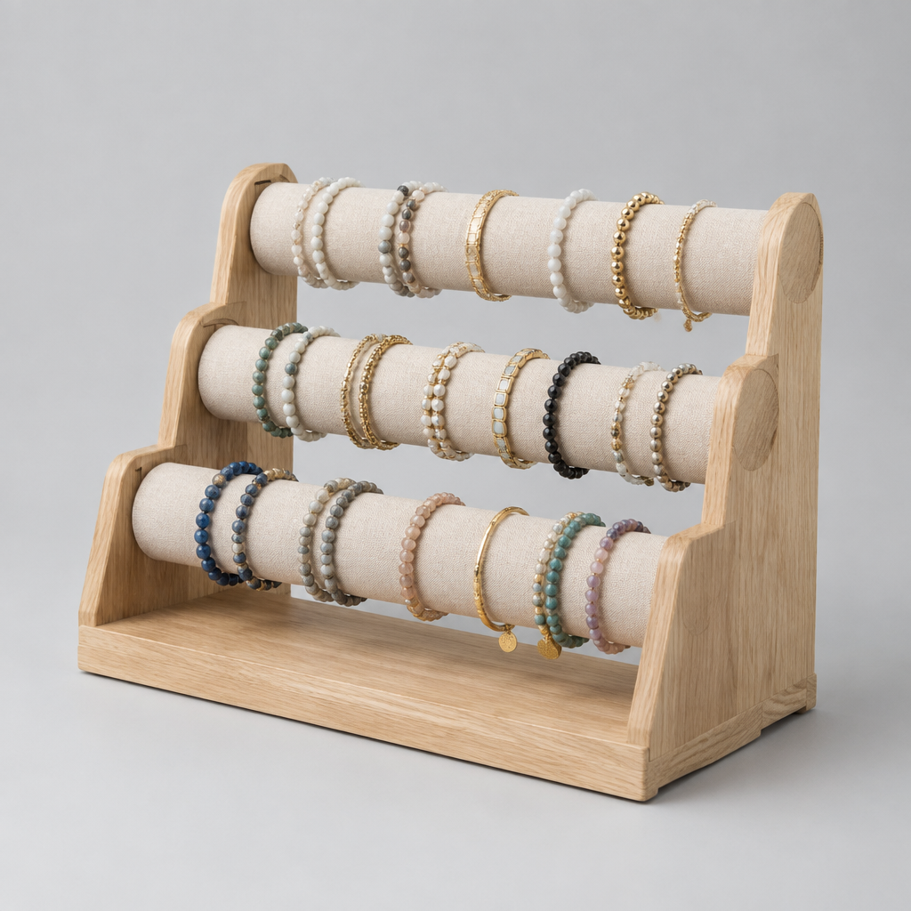 Présentoir Bracelet 3 Niveaux Bois et Lin 30 cm