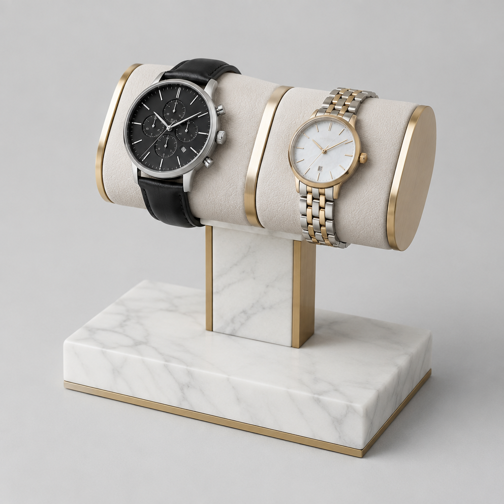 Présentoir Montre Marbre Blanc Rouleau Crème, 2 Places