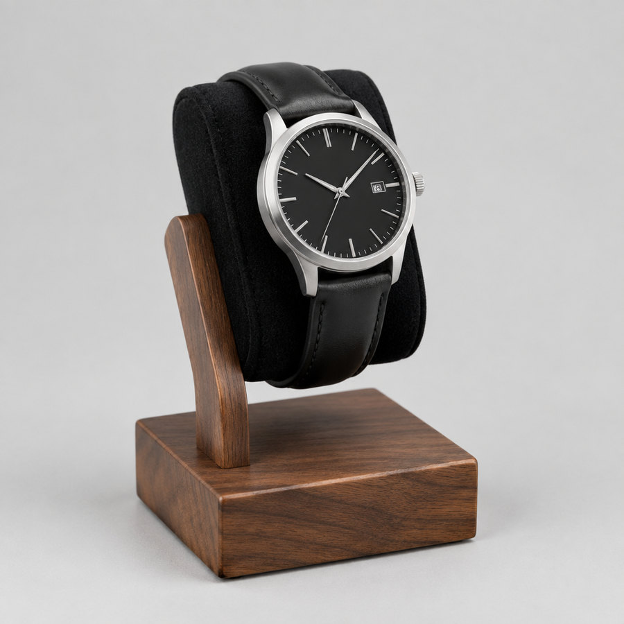 Présentoir Montre Homme Bois Noyer Coussin Velours Noir