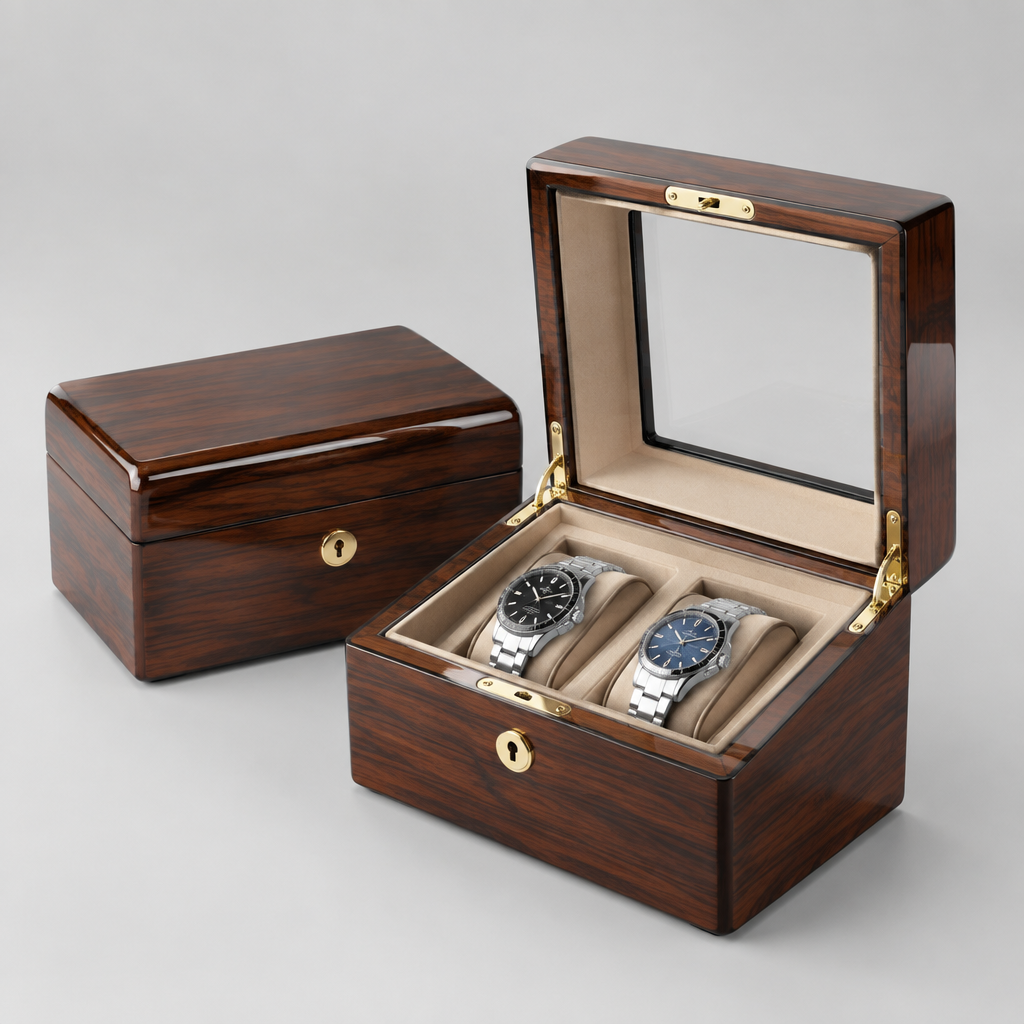 Boîte à Montres Bois Laqué Brillant 2 Places avec Serrure