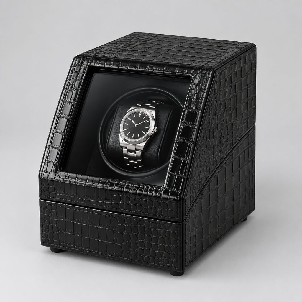 Remontoir Montre Automatique 1 Place Cuir Façon Croco Noir
