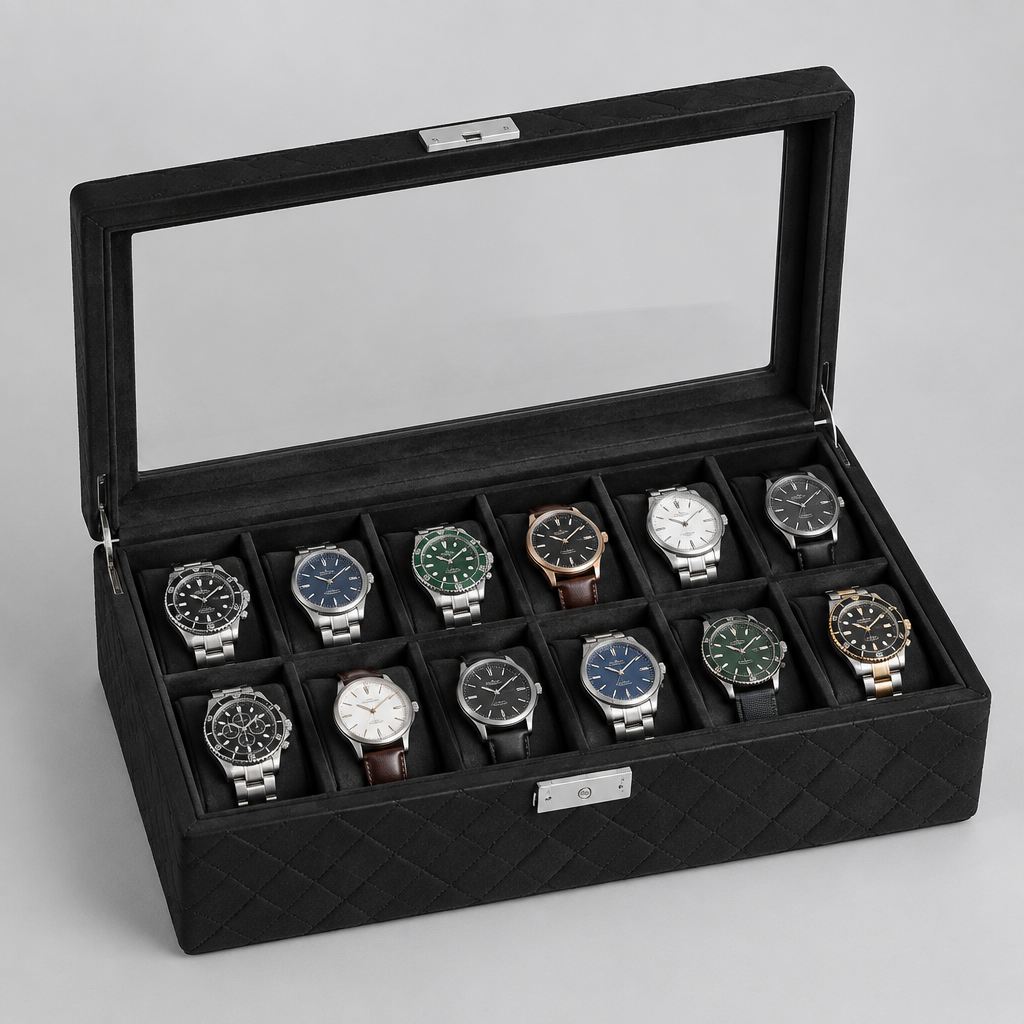 Boîte à Montres Daim Matelassé Noir 12 Places Vitrée