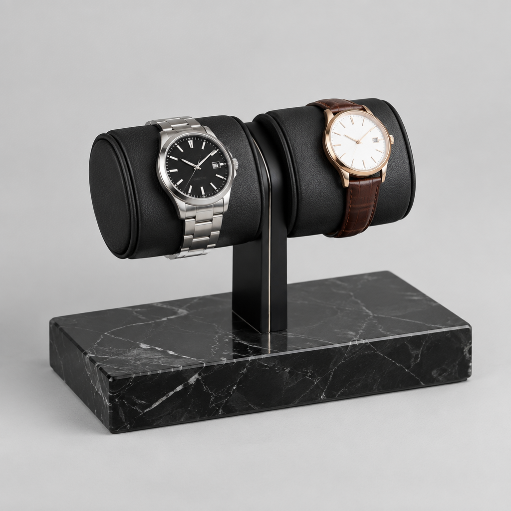 Présentoir Montre Marbre Noir Simili Cuir 2 Montres