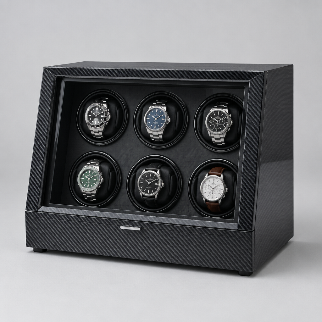 Coffret Remontoir Montre Automatique 6 Places Effet Carbone