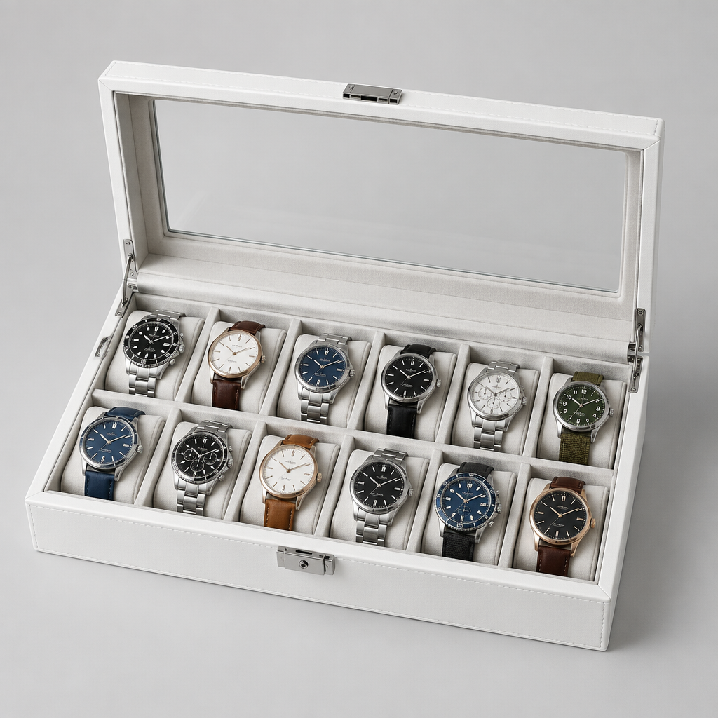 Boîte à Montres Cuir Blanc 12 Places Vitrée