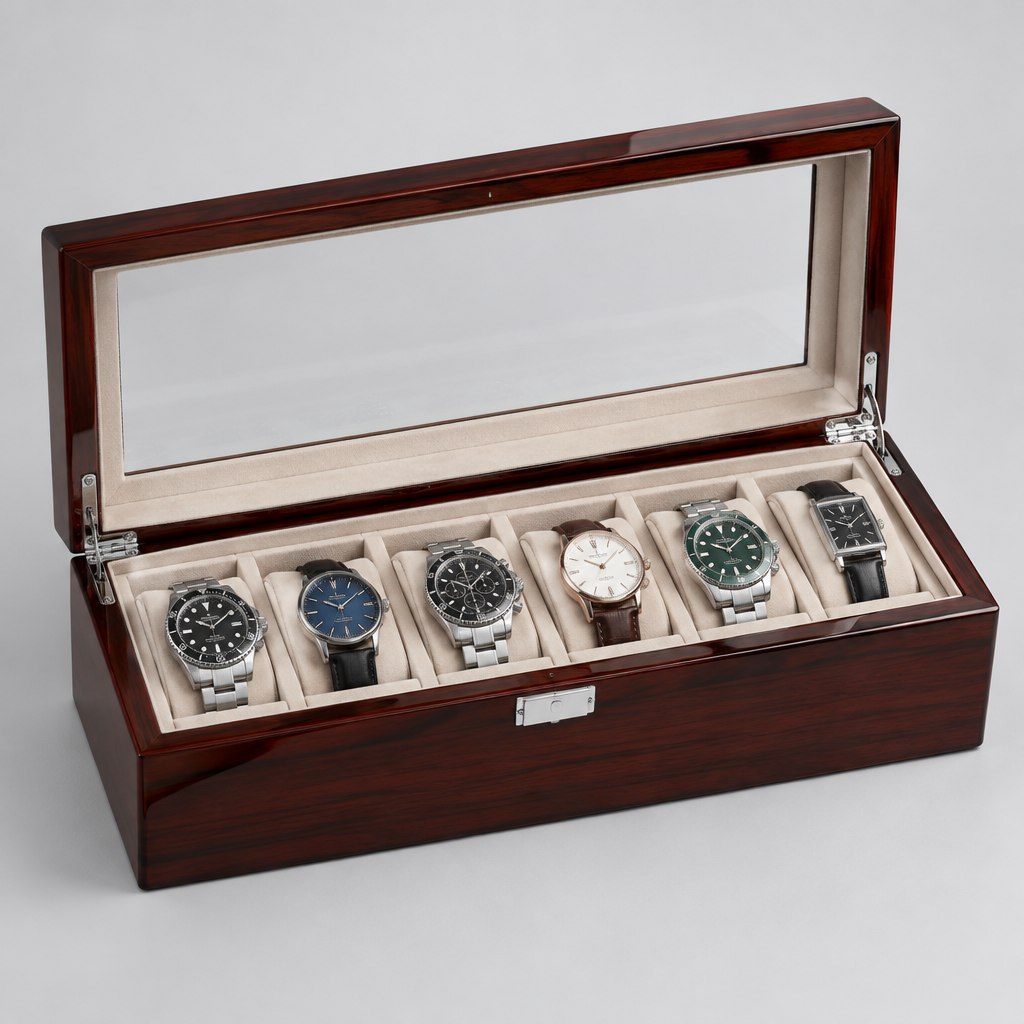 Boîte à Montres 6 Places Bois Laqué Piano Vitrée