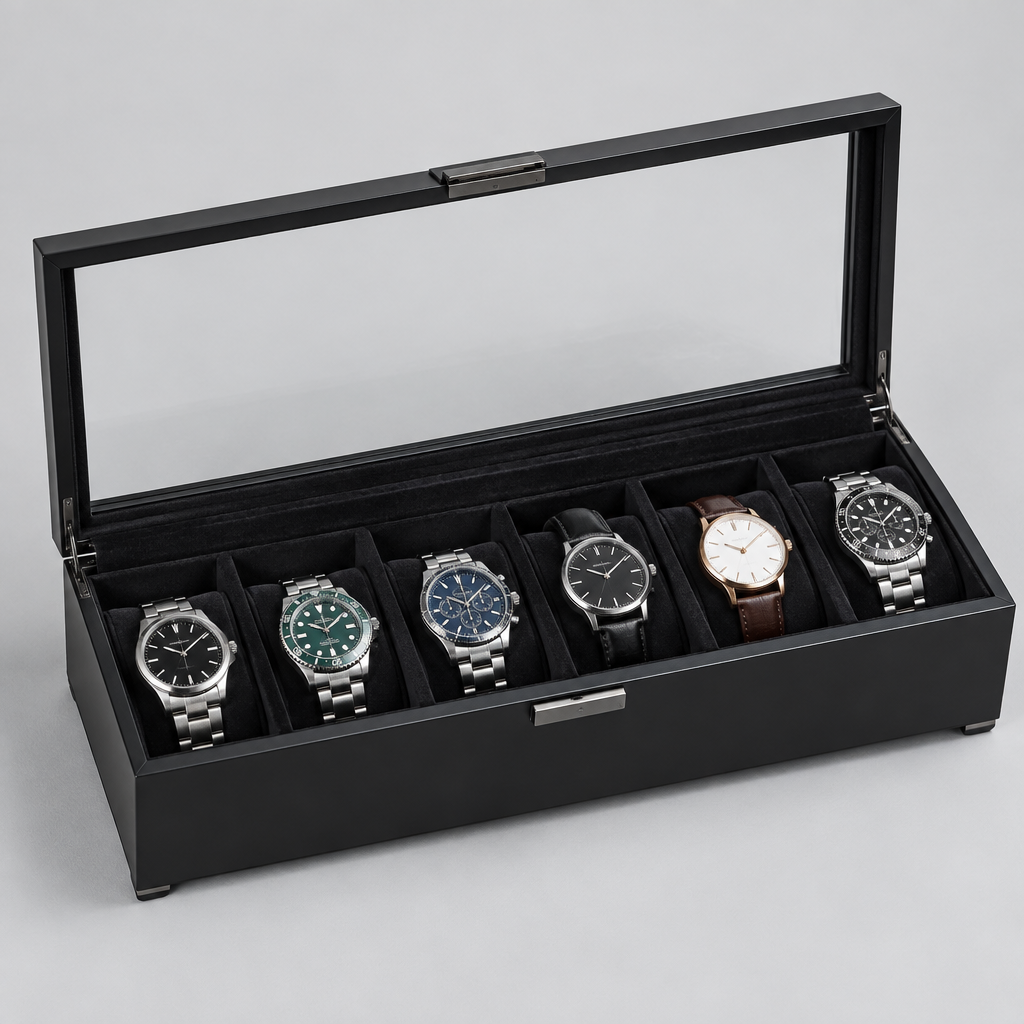 Boîte à montres 6 places métal noir couvercle vitré – boîte ouverte avec six montres