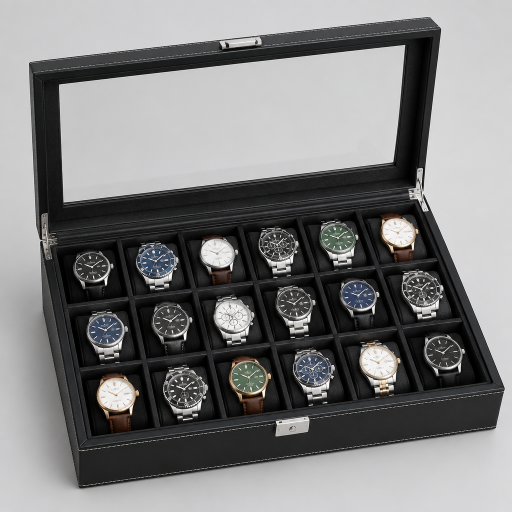 Boîte à Montres Cuir Noir Surpiqûres Blanches Vitrée