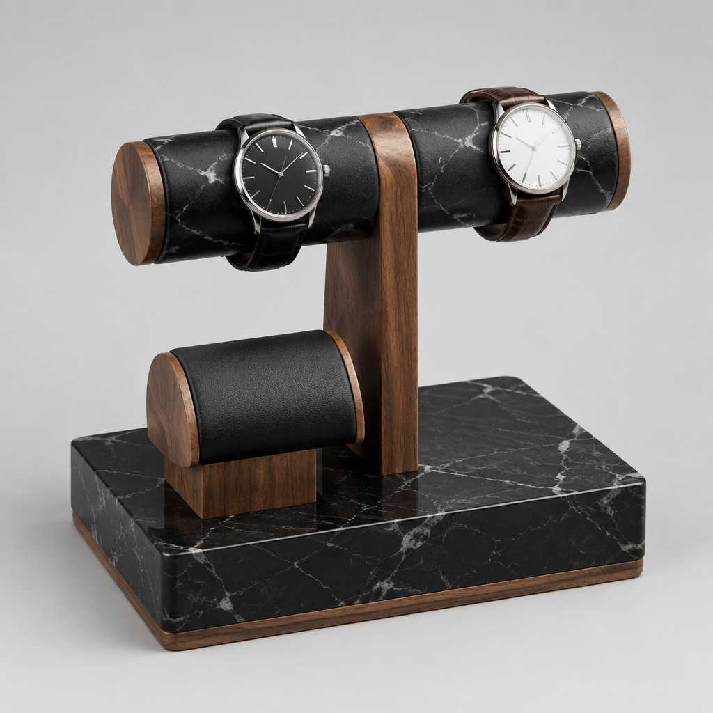 Présentoir Montre Marbre Noir Bois Brun 2 Montres