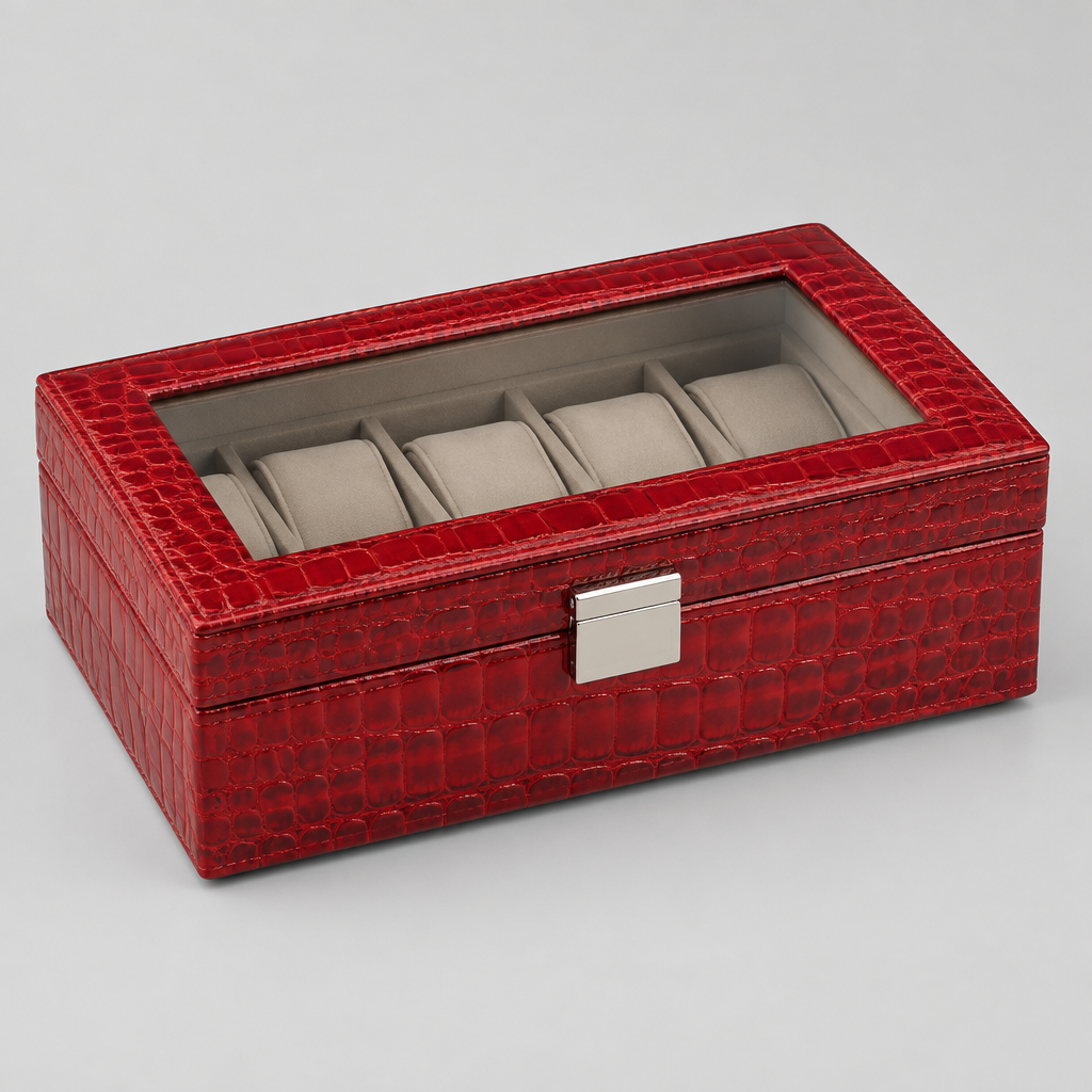 Boîte à Montres Simili Cuir Croco Rouge Vitrée