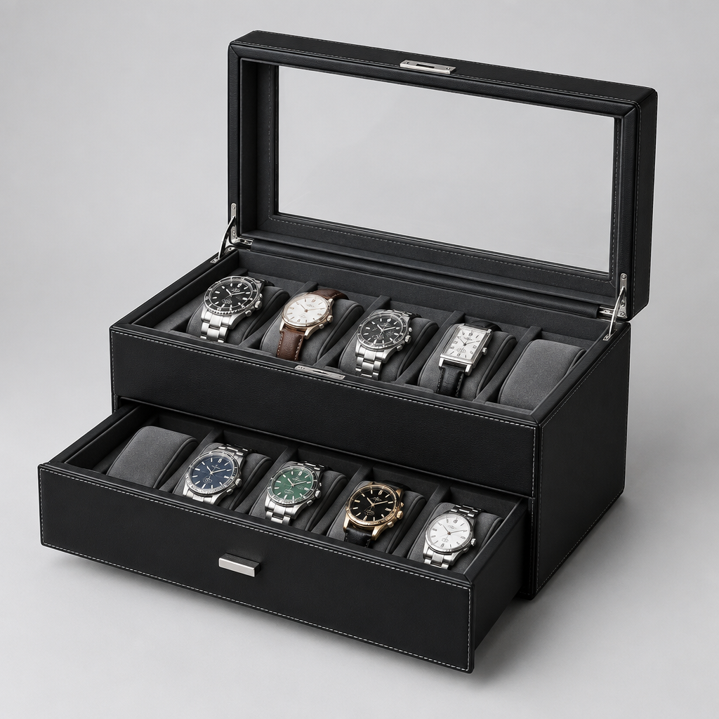 Boîte à Montres Simili Cuir Noir 10 Places Double Étage