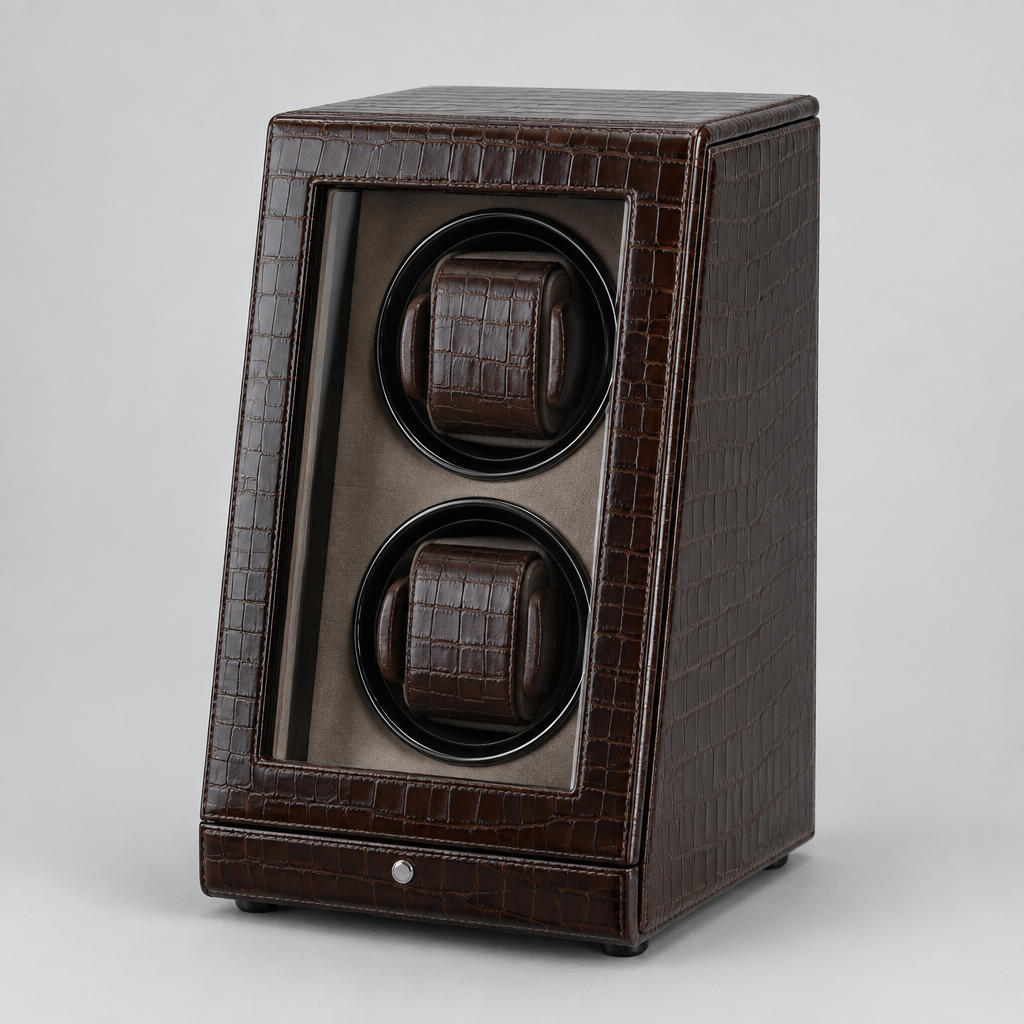Remontoir Montre Automatique 2 Places Cuir Croco Marron