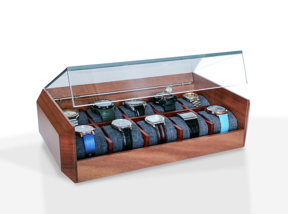 Boîte à montres acajou 10 places – couvercle en verre relevé