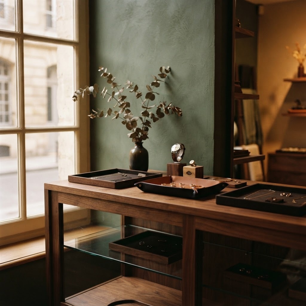 Coin de boutique feutré avec meuble en noyer et plateaux en cuir sous une lumière ambrée