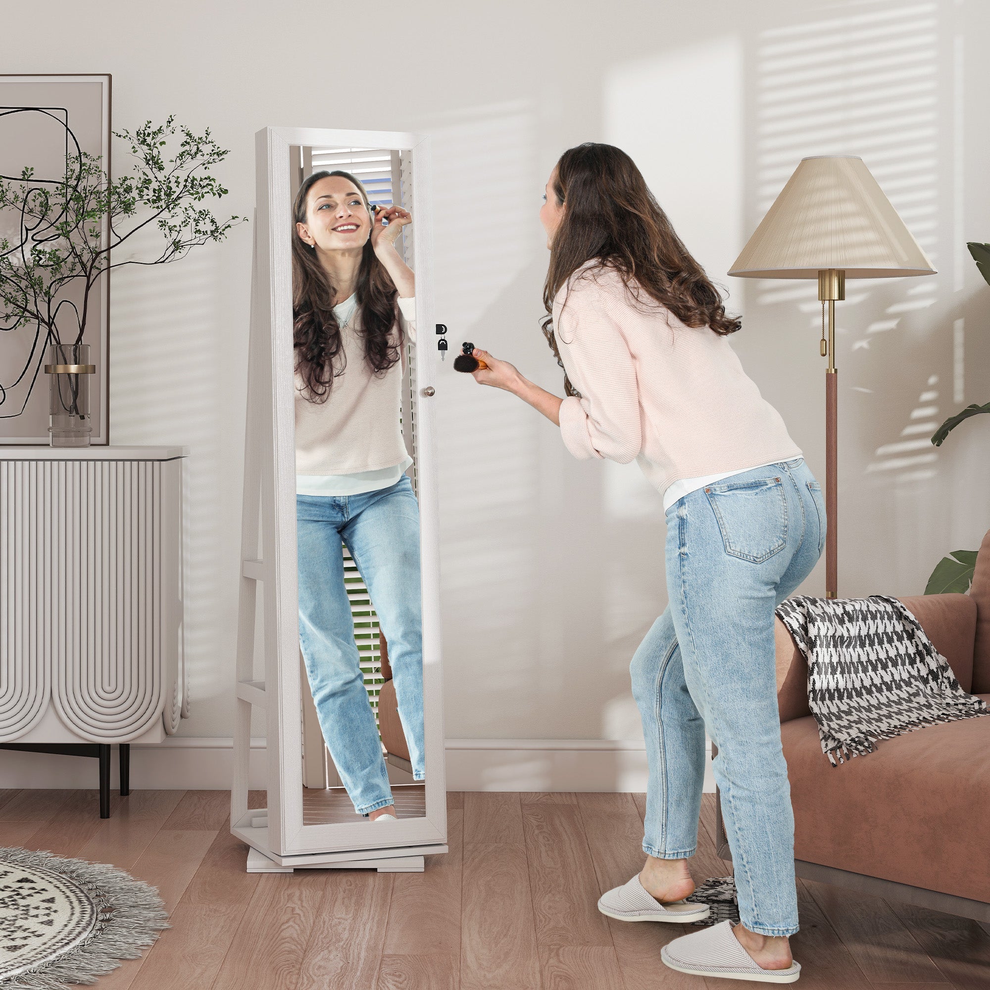Boîte à Bijoux Bois Armoire Miroir Pied Rotatif 360