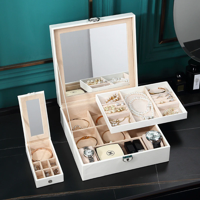Boîte Bijoux Cuir Miroir 2 Niveaux Voyage